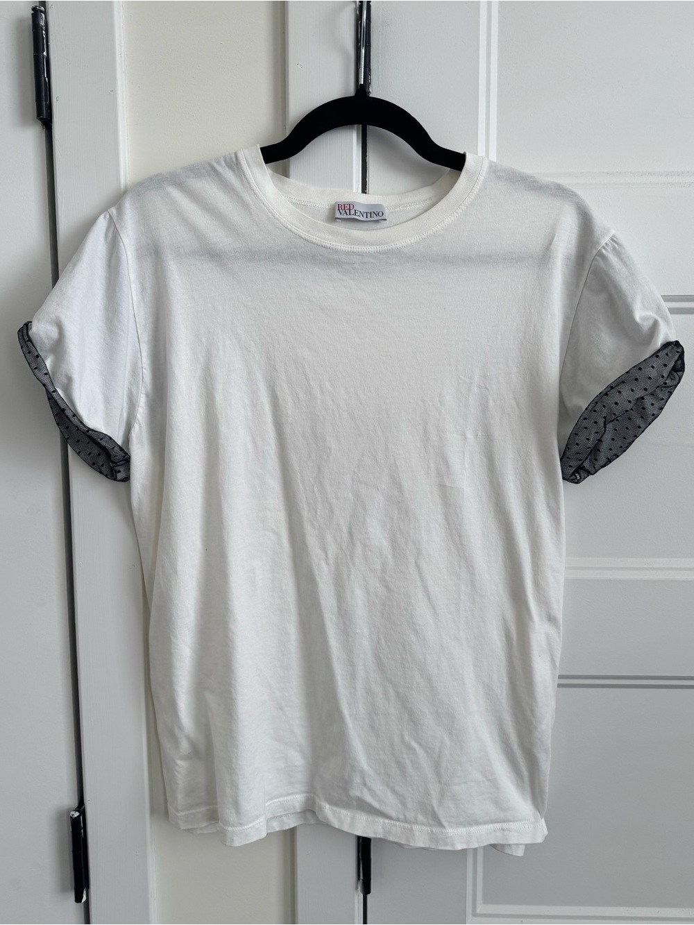 RED Valentino Point d’Espirit Tulle Embellished Short Sleeve Cuffed Women’s Tee